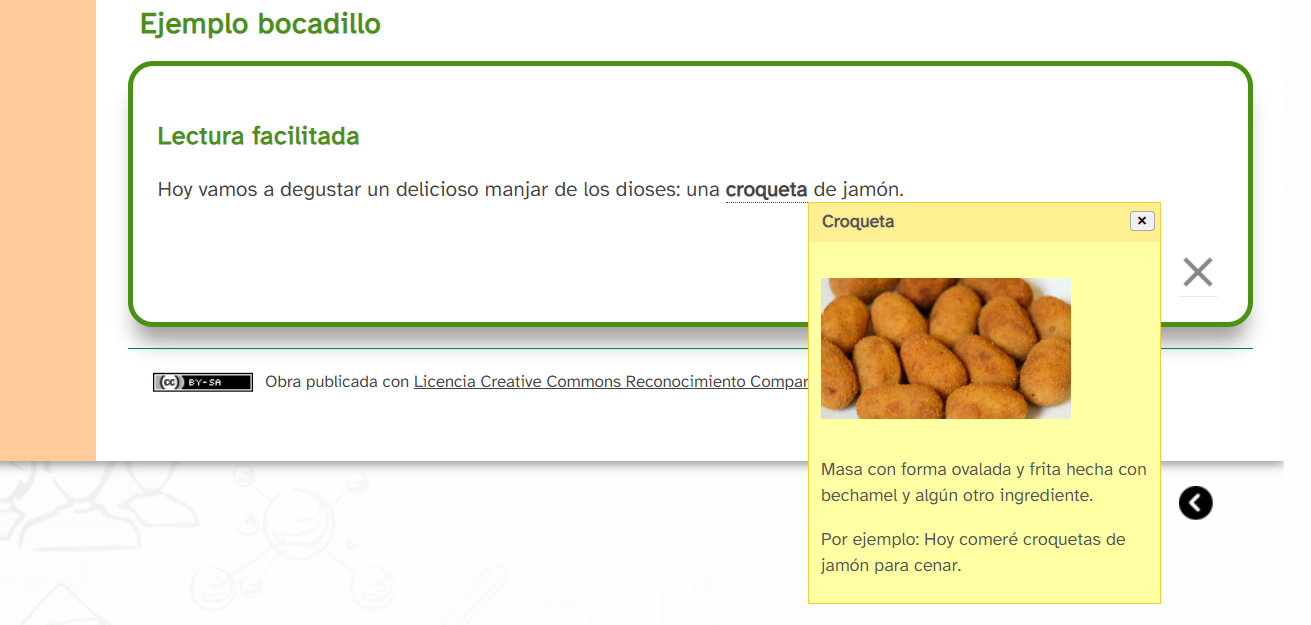 Imagen que muestra un ejemplo de Bocadillo para glosario en Lectura Facilitada
