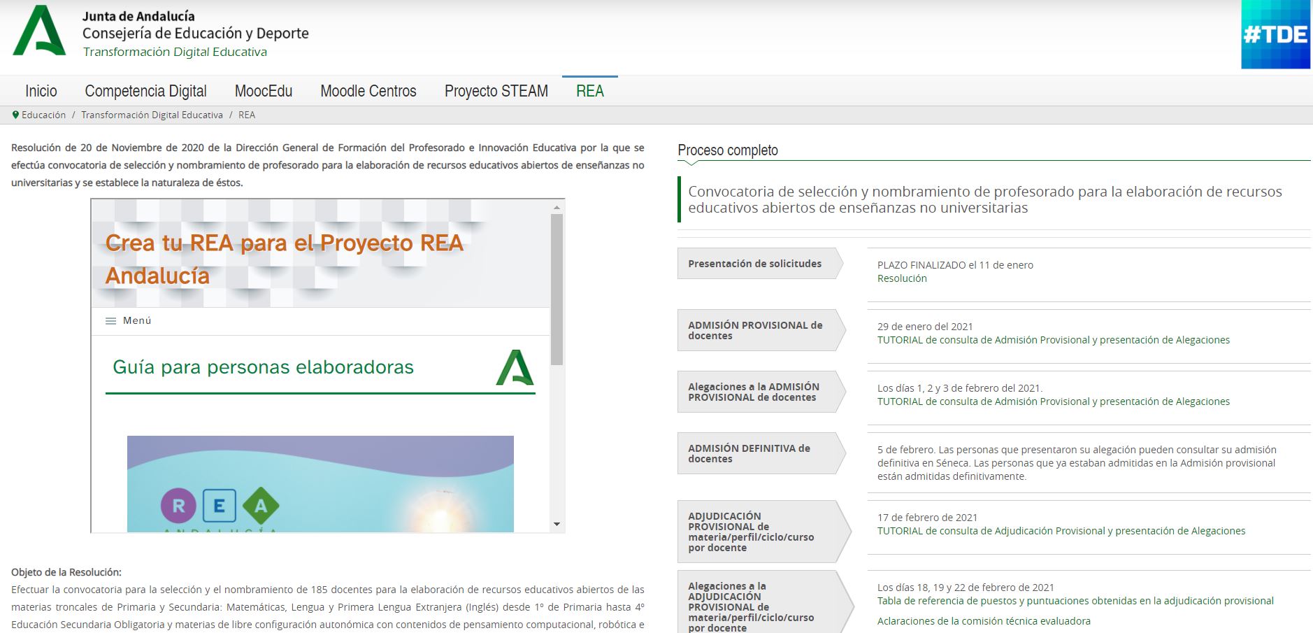 Imagen que muestra una captura de pantalla de la web de Proyecto REA Andalucía.